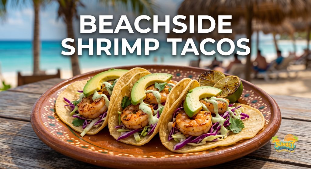 Platter of three grilled shrimp tacos topped with avocado and shredded cabbage slaw