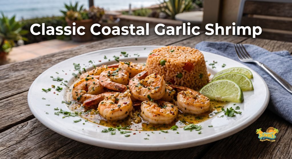 Hot sautéed garlic shrimp entrée served on a ceramic plate with lime wedges