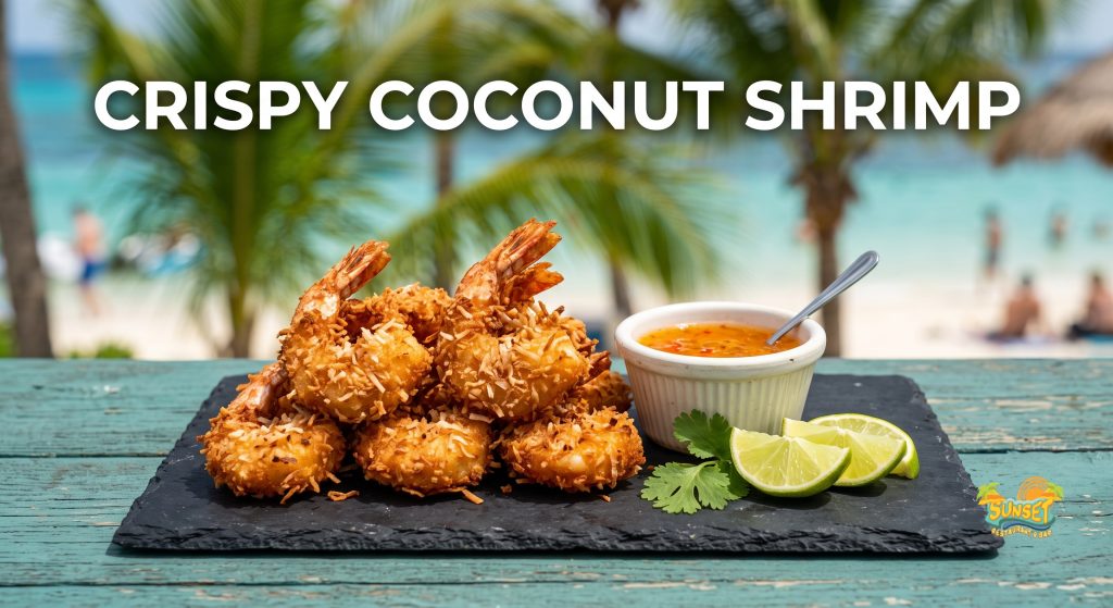 Golden fried coconut shrimp on a platter with dipping sauce and lime