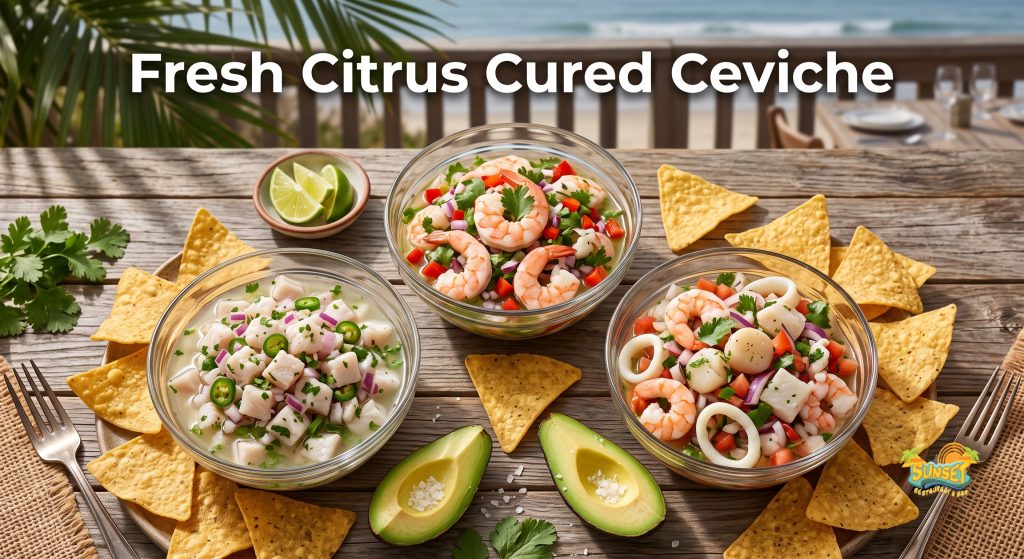 Three bowls of chilled Mexican ceviche featuring shrimp, white fish, and mixed seafood with tortilla chips