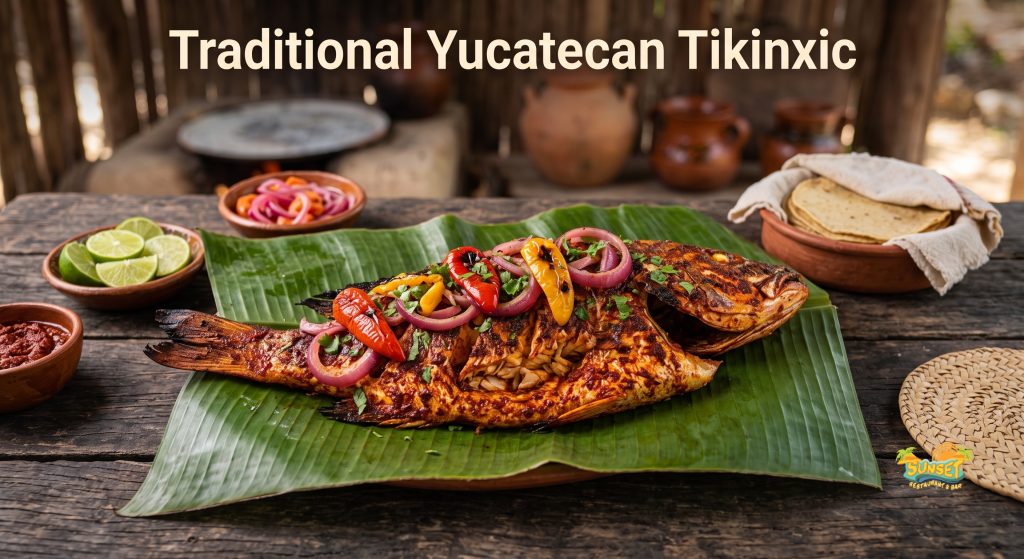 Traditional Yucatecan Tikinxic roasted whole fish seasoned in red achiote on a banana leaf