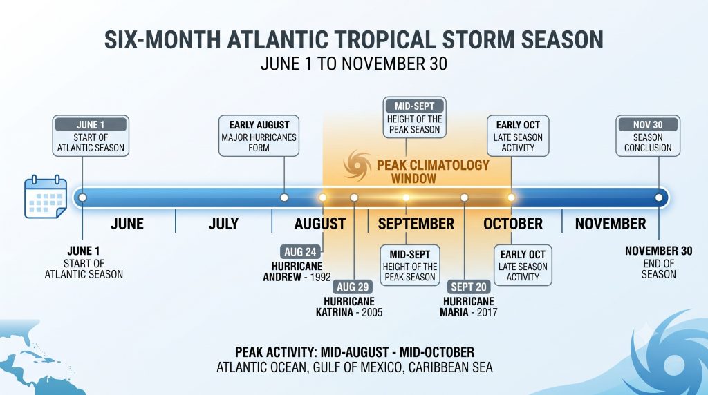 Timeline diagram of the Atlantic hurricane season highlighting June through November with a peak period indicator.
