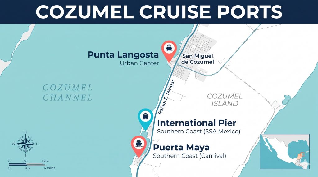 Illustrated coastal map of Cozumel showing the locations of Punta Langosta, International Pier, and Puerta Maya cruise terminals along the western shore