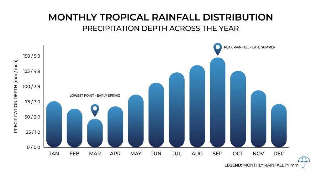 Bar chart showing monthly rainfall patterns with a notable drop in spring and significant rise in late summer and fall.