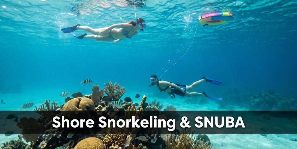 Guided shore snorkeling and SNUBA participants swimming near a coral reef in clear Caribbean waters