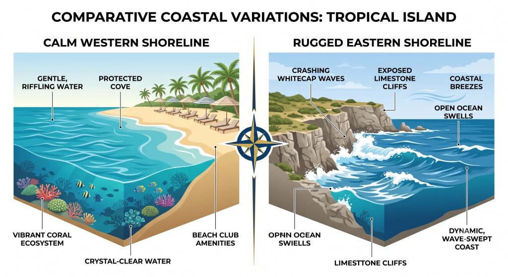 Split illustration comparing the calm, sheltered west coast of an island with its windswept, open-ocean east coast.