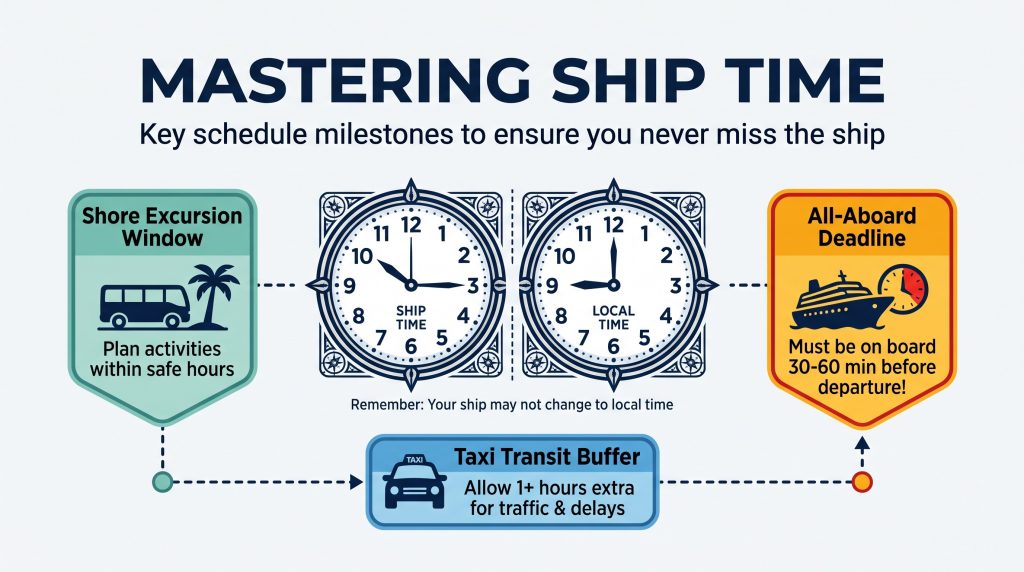 Visual timeline diagram illustrating ship time versus local time and the all-aboard deadline for cruise travelers