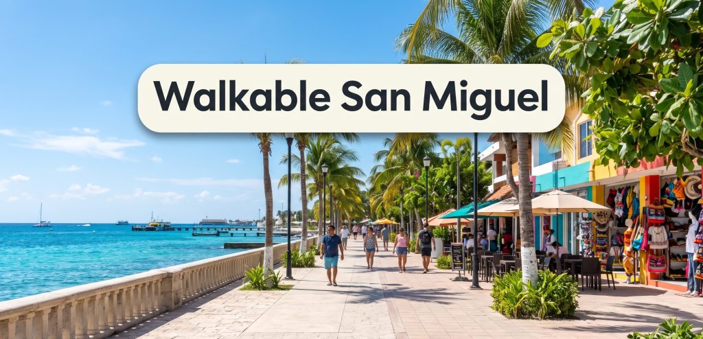 Pedestrian walkway along Avenida Rafael E. Melgar in downtown San Miguel de Cozumel with shops and palm trees