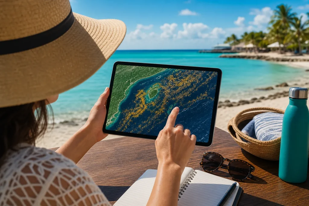 Traveler checking official Cozumel sargassum monitoring sources before a beach day