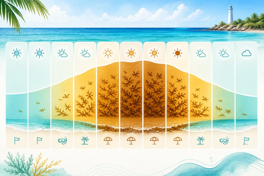 Month-by-month Cozumel sargassum season planning calendar