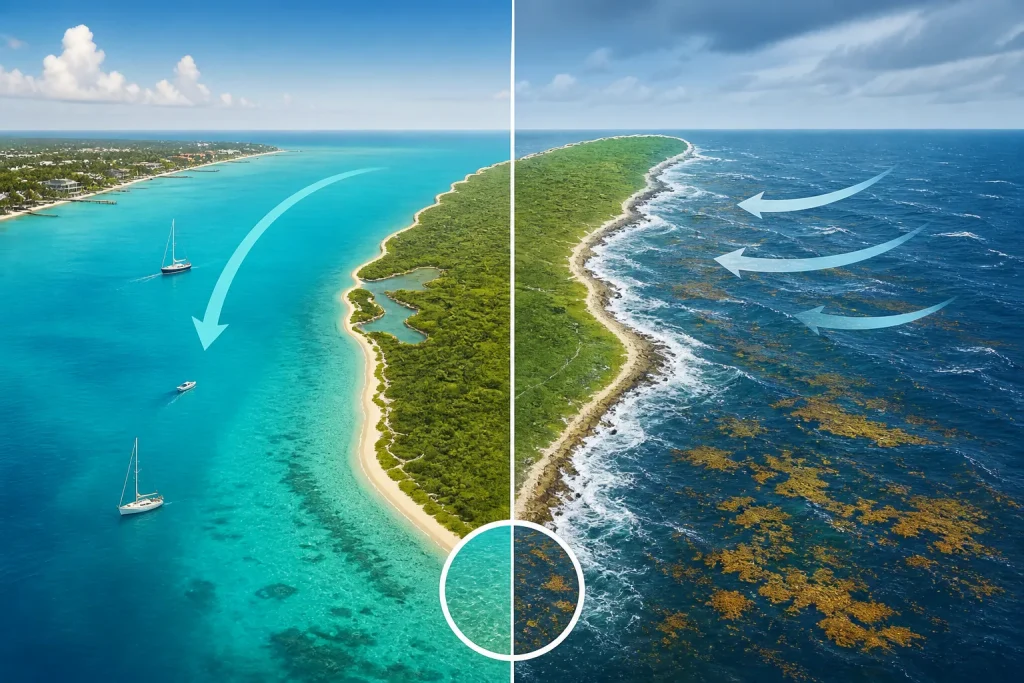 Map-style image showing Cozumel west coast and east coast sargassum exposure differences