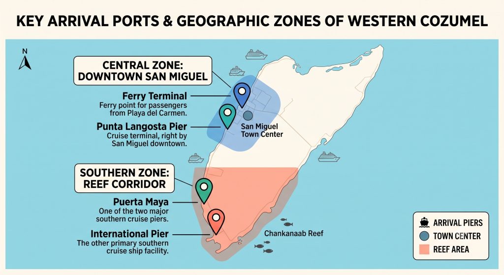 Simplified map diagram of western Cozumel showing cruise terminals, ferry dock, and primary activity zones