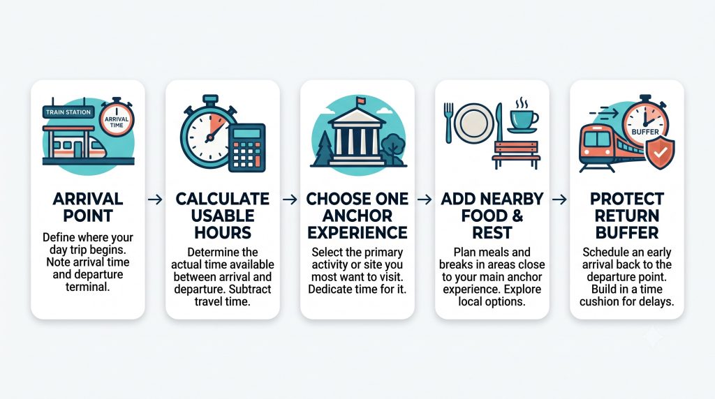 Infographic diagram illustrating a five-step itinerary planning process for day visitors in Cozumel