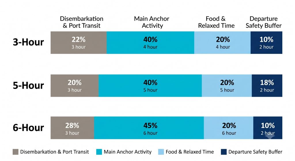Stacked bar chart showing usable activity hours versus transit and return buffers during a port visit