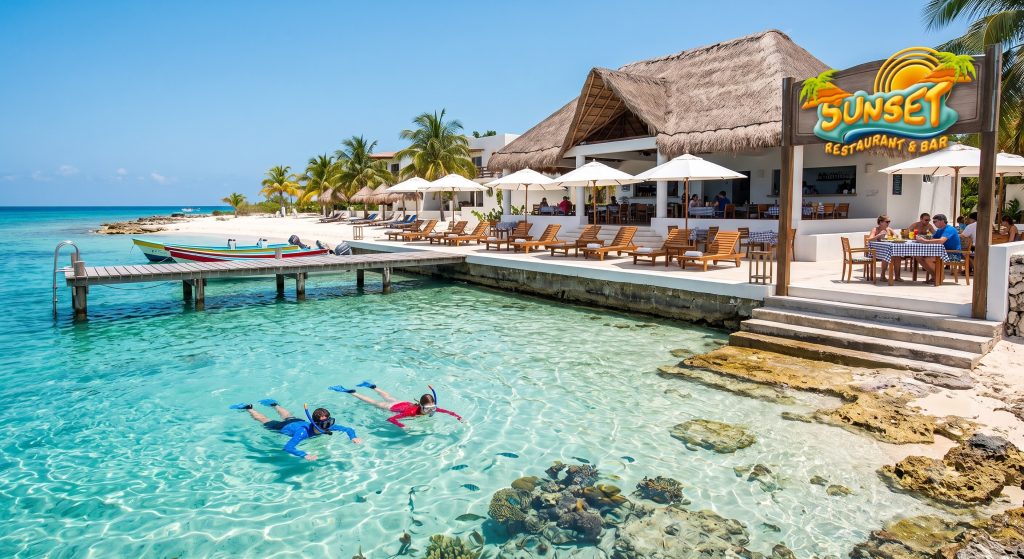 Oceanfront beach club in Cozumel with snorkelers entering clear turquoise water alongside shaded lounge chairs and dining patio