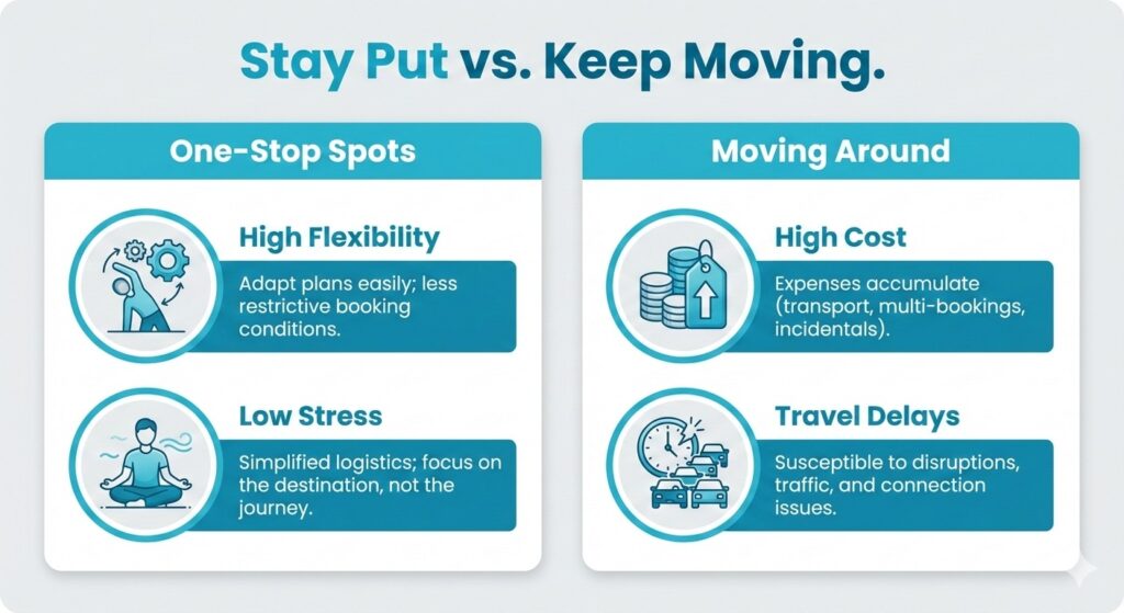 A comparison chart showing the benefits of staying in one location versus the high stress of traveling across the island.