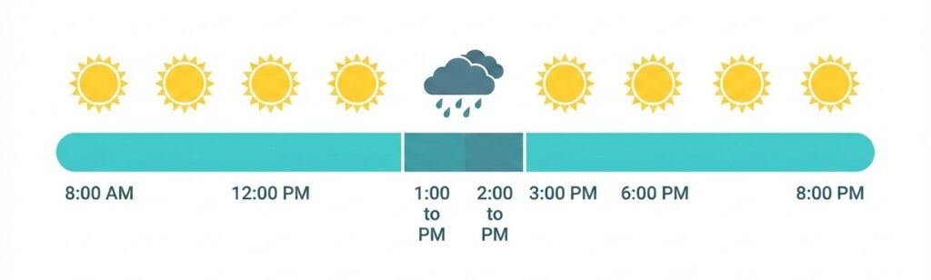A horizontal timeline showing a full day of weather with long periods of sun and one brief afternoon rain shower.