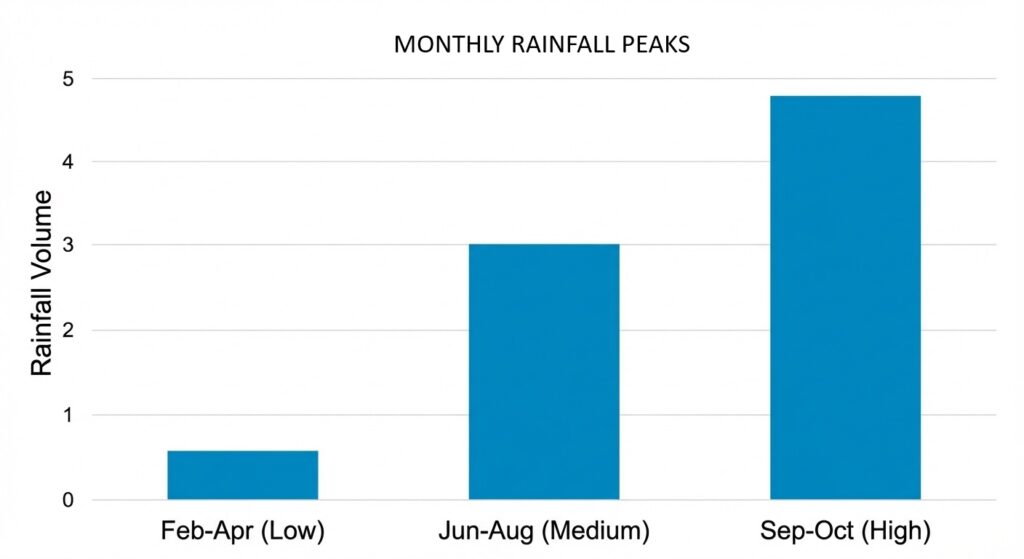 A bar chart illustrating that rainfall peaks in September and October while remaining low in the spring.
