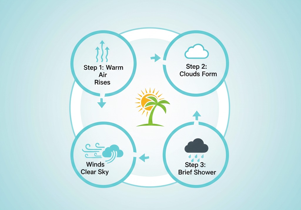 A circular diagram showing the four stages of a tropical rain cycle: Heat, Cloud Formation, Brief Rain, and Trade Winds.
