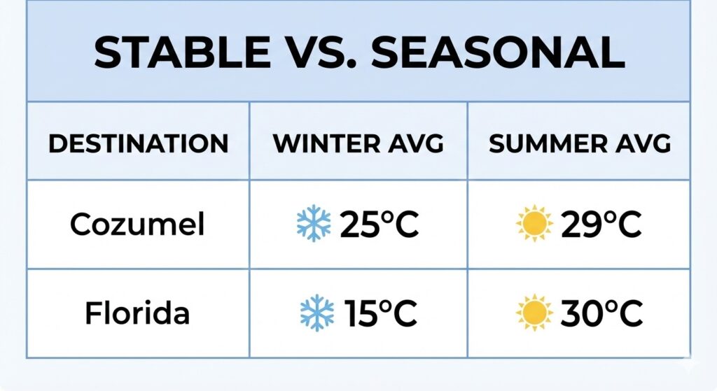 A comparison table showing winter and summer water temperatures for Cozumel and Florida.