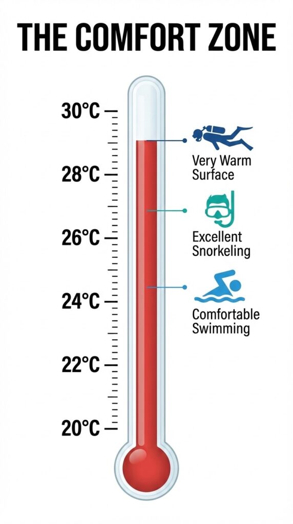 A temperature scale showing the comfort levels for swimming, snorkeling, and diving in Cozumel.