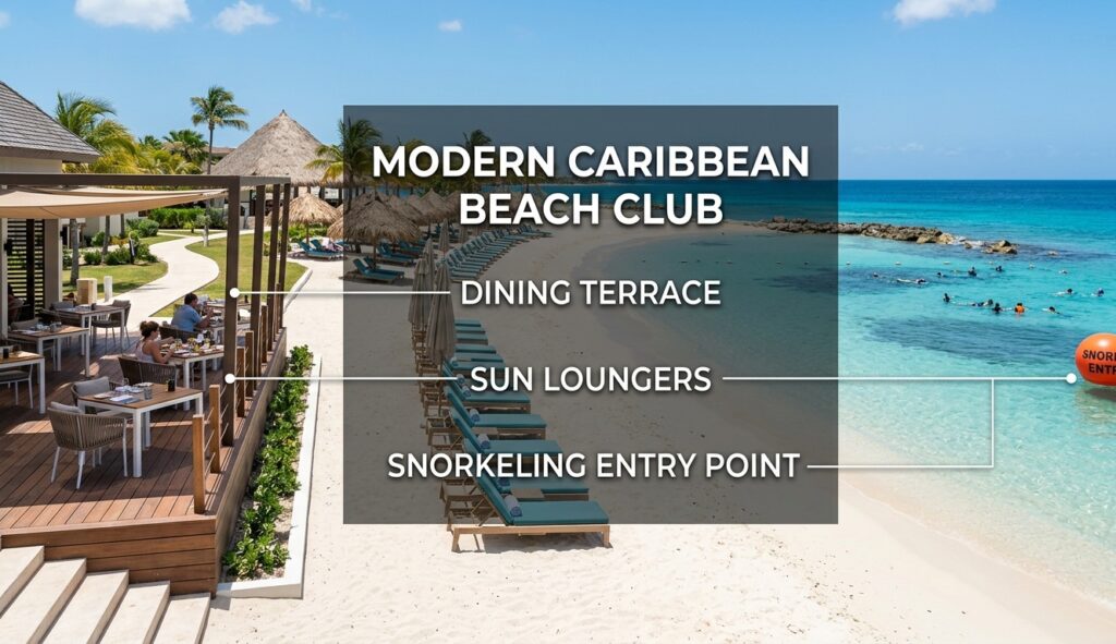 An organized beach club layout featuring dining areas, beach chairs, and direct water access for snorkeling.