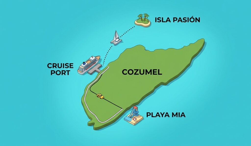 Map showing transportation routes from Cozumel cruise ports to Isla Pasión and Playa Mia.