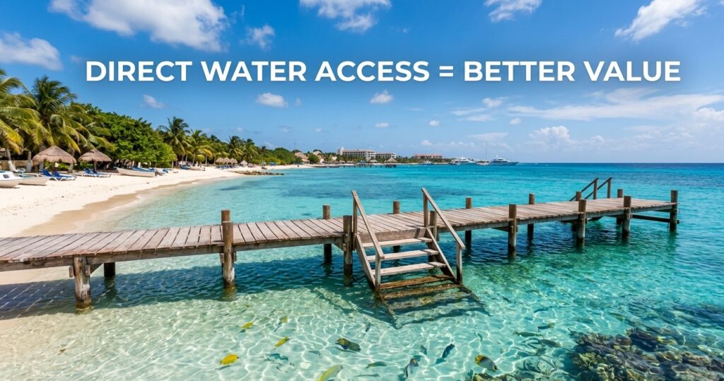 A person snorkeling in clear water directly from a shoreline access point.