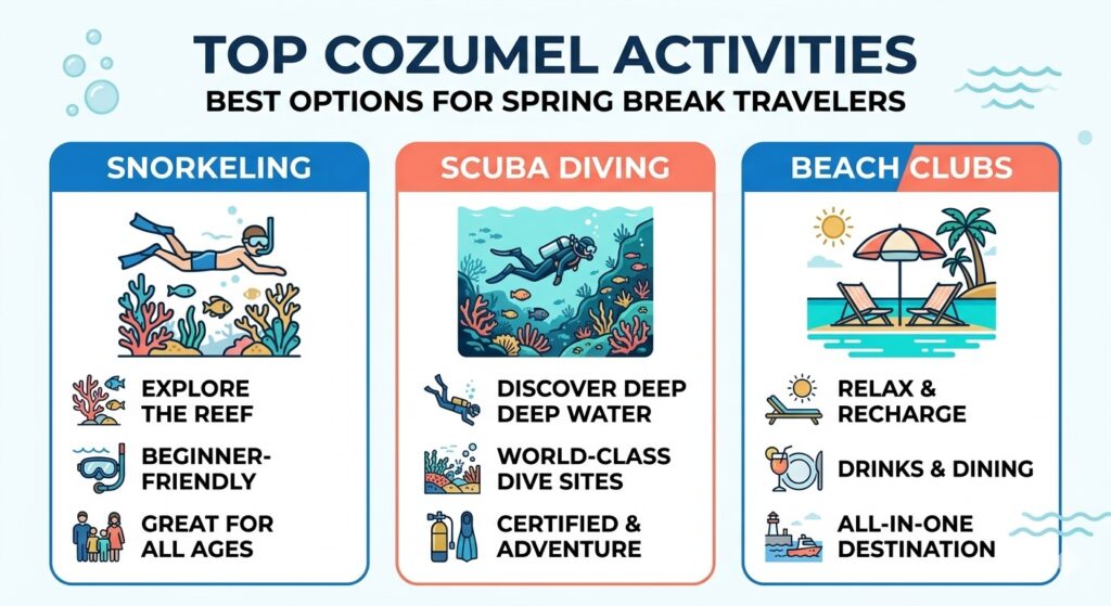 Infographic showing snorkeling, scuba diving, and beach club activities as the top choices for island visitors.