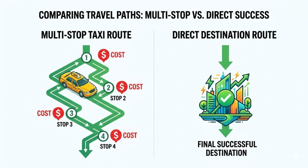 A diagram comparing the high cost of multiple taxi stops versus staying in one location.