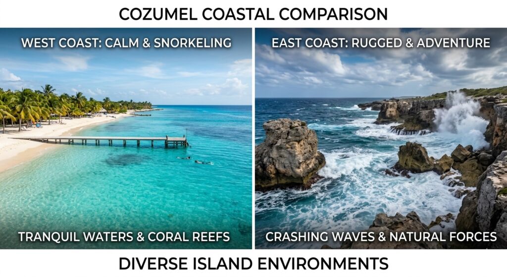 A side-by-side comparison of the calm West Coast beaches and the scenic, rugged East Side of the island.
