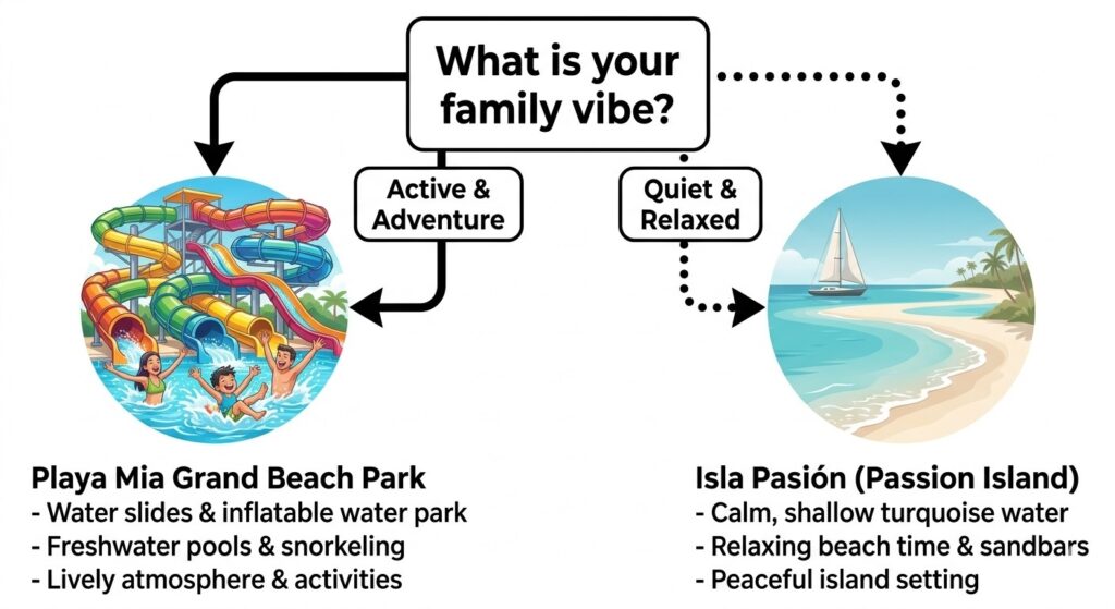 A decision-making graphic for families choosing between a water park or a quiet beach.