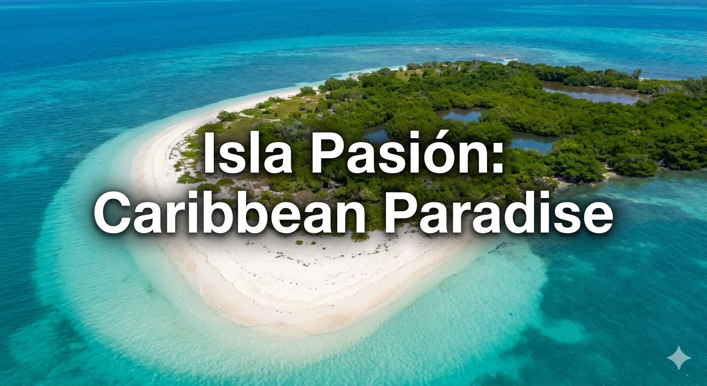 A wide-angle aerial view of a small tropical island with white sand, surrounded by vibrant turquoise water and lush green mangroves.
