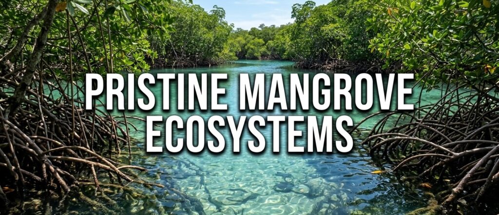 Close-up of green mangrove trees growing in a clear tropical lagoon.