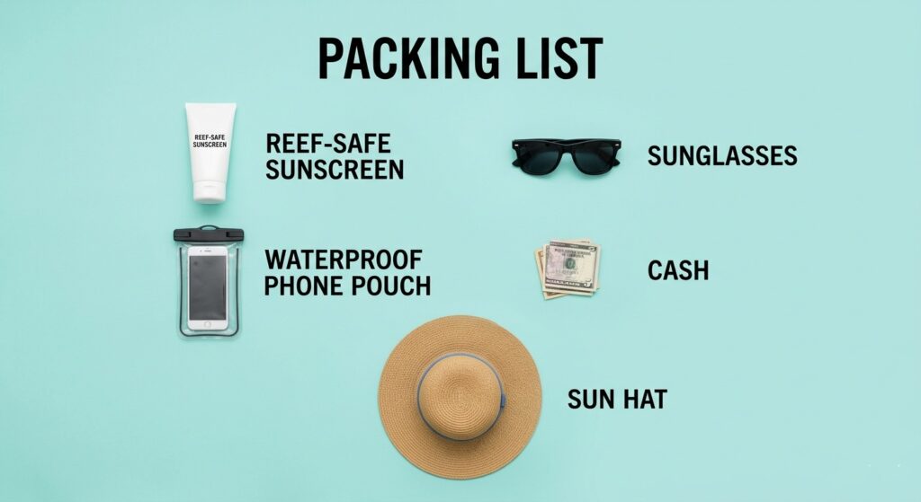 A collection of travel essentials including reef-safe sunscreen, a dry pouch, cash, and sunglasses.
