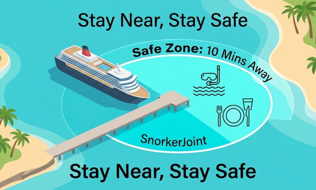 An illustrated map showing the cruise port and a highlighted green zone indicating nearby beach clubs and activities that are safe for independent travelers.