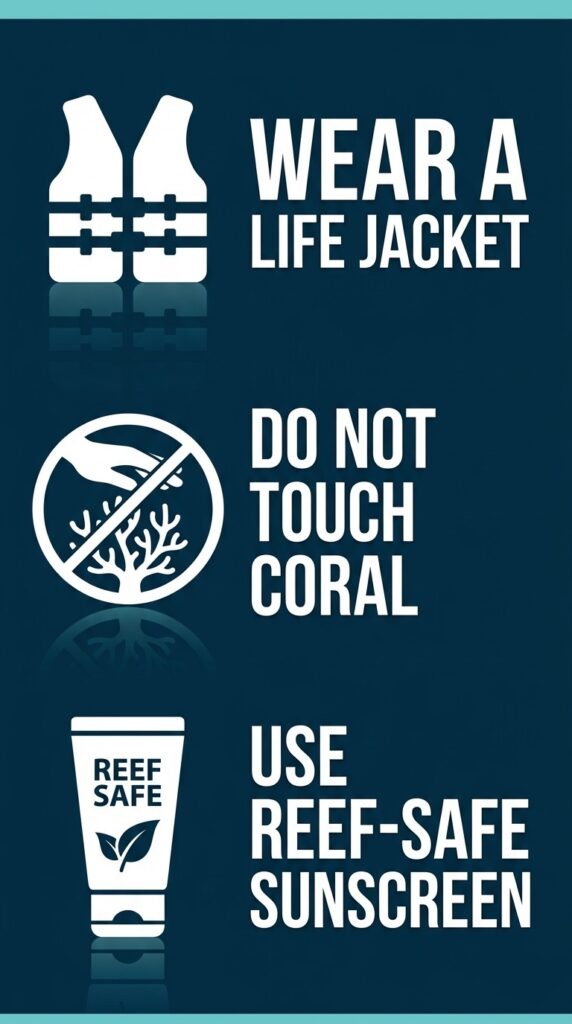 Checklist of snorkeling safety and reef protection rules for Cozumel visitors.