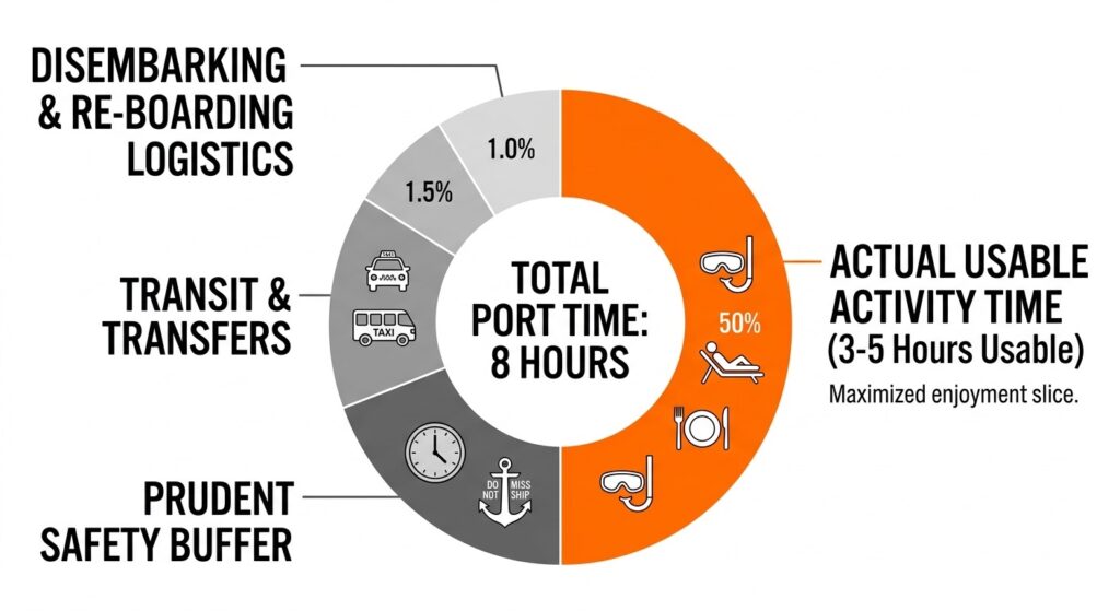 A donut chart showing that out of an eight-hour day, only a few hours are usable for activities after accounting for logistics and buffers.