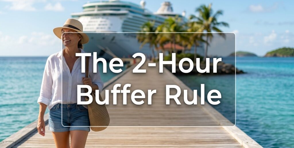 A traveler standing on a pier near a cruise ship looking at a watch, emphasizing the importance of a two-hour return buffer.