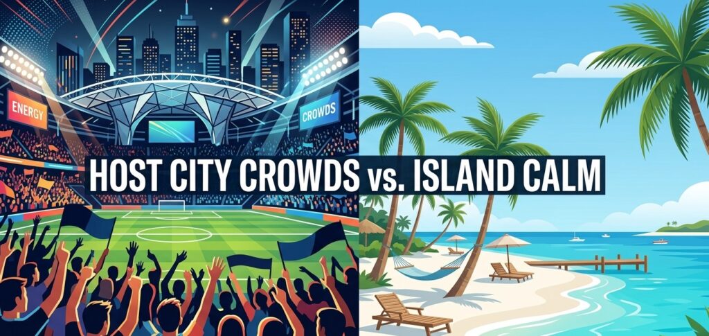 Split-screen graphic contrasting a bustling soccer stadium crowd on the left with a serene, crystal-clear tropical beach on the right.