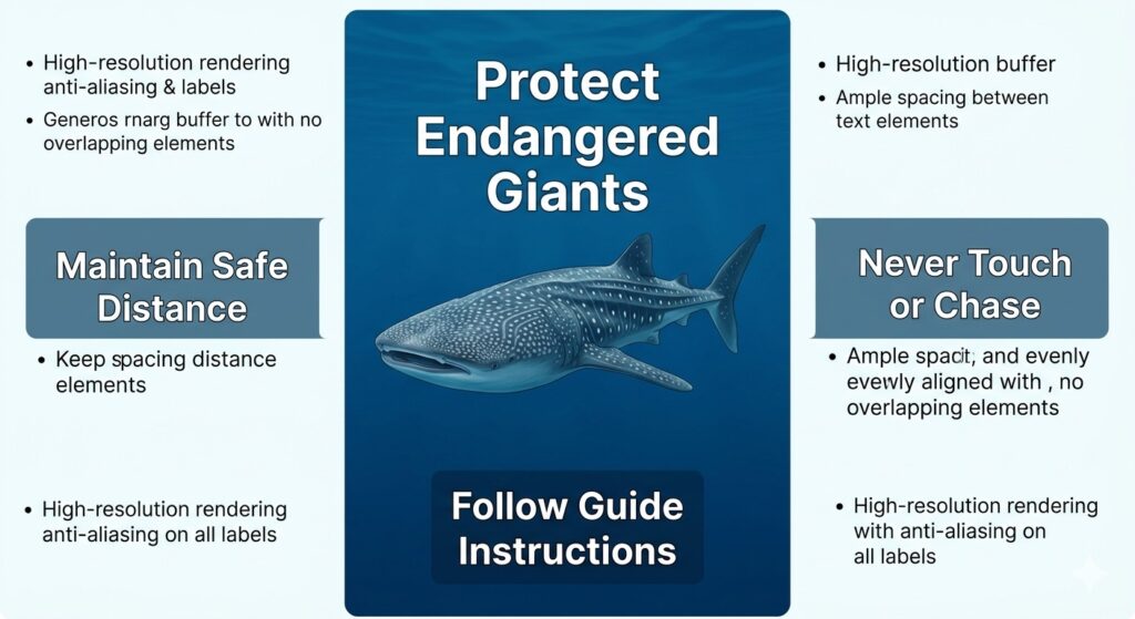 Educational infographic demonstrating proper snorkeling rules near whale sharks, emphasizing eco-friendly distances and guidelines.