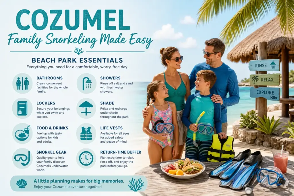 Family snorkeling essentials at a Cozumel beach park