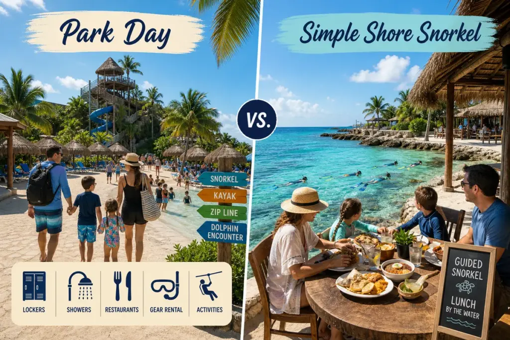 Chankanaab park day compared with simple shore snorkeling in Cozumel