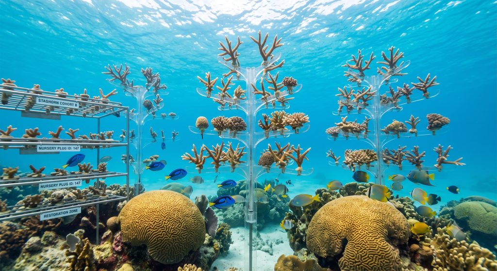 Underwater coral nursery structures with growing coral fragments in clear water