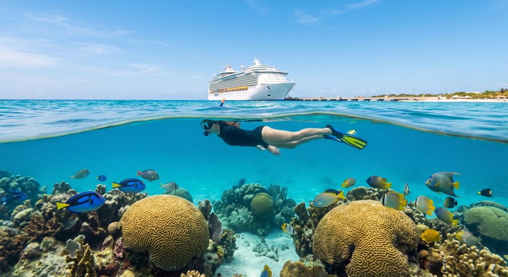 Snorkeler swimming over shallow coral reef formations near the coast