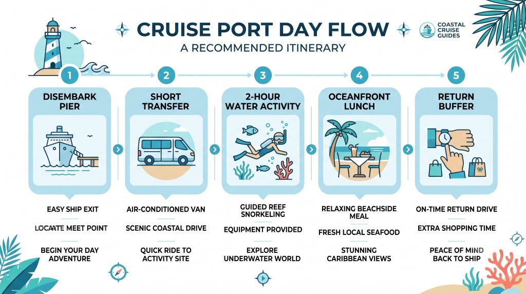 Step-by-step visual timeline illustrating port day scheduling from disembarkation to ship return