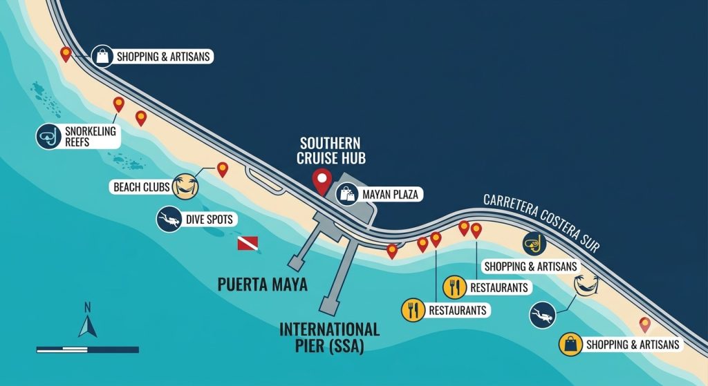 Stylized map of Cozumel western coastline showing southern cruise terminals and nearby points of interest