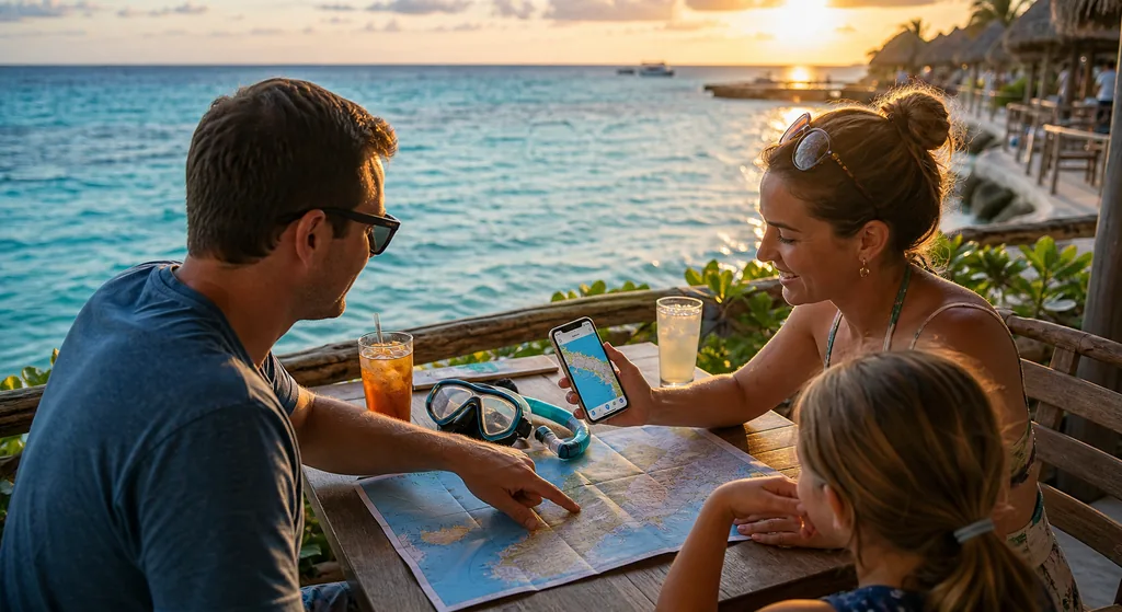 Travelers planning a Cozumel itinerary beside the ocean