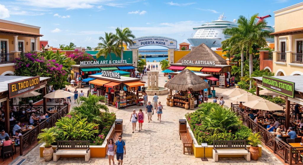 Walkable shopping and dining plaza with open-air artisan stalls and palm trees