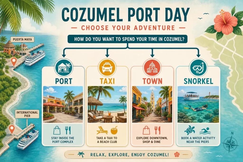 Cozumel port day activity options including port, taxi, town, and snorkel choices